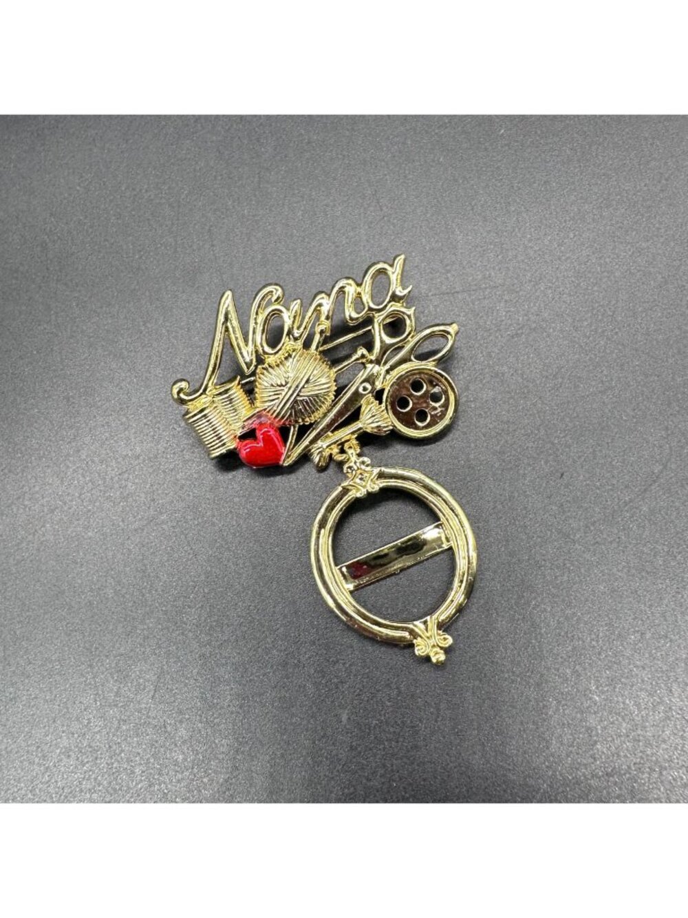 Vintage Nana Photo Holder Brooch Pin Sewing Button Heart Dangling Frame